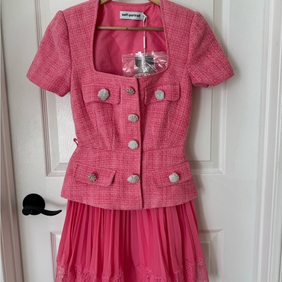 NWT SELF PORTRAIT PINK TWEED CHIFFON MINI BELTED DRESS! - Picture 3 of 6